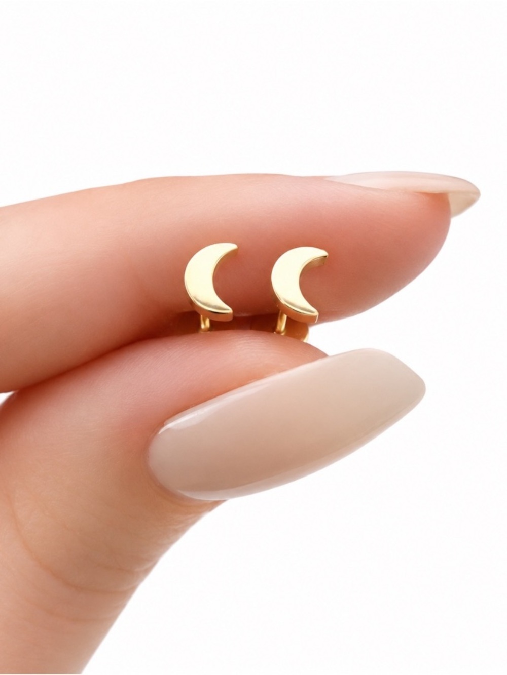 Gold Crescent Moon Flat Back Stud Earrings 20G Stainless Steel - Picture 3 of 5
